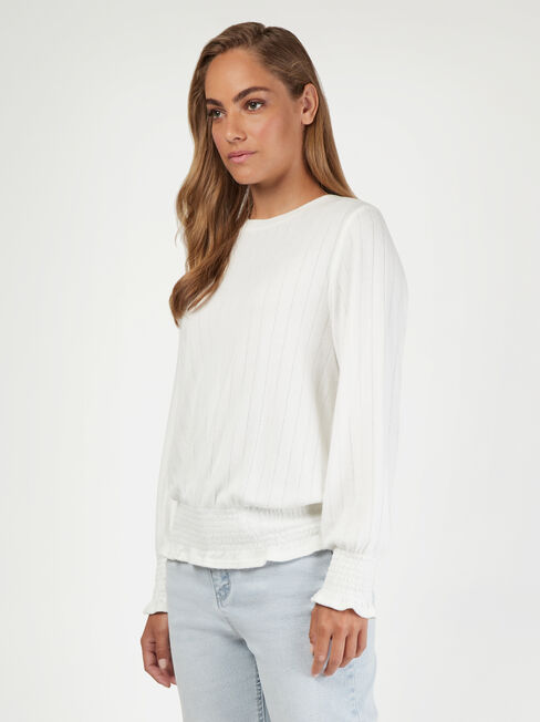 Jemma Jersey Shirred LS Top, White, hi-res