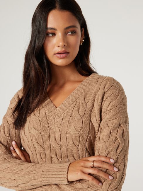 Daisy Cable V Neck Pullover, Camel, hi-res