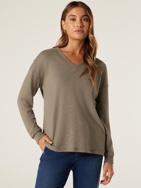Viv Soft Touch V-Neck Pullover, Khaki Marle, hi-res
