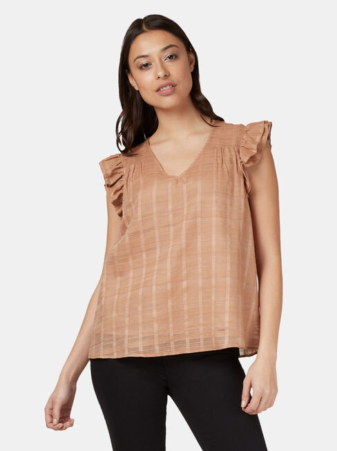 Freya Textured Frill Sleeve Top, Brown, hi-res