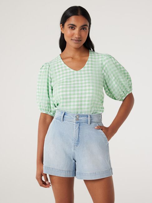 Maya V-Neck Top, Green Gingham, hi-res