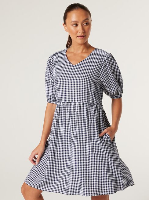 Heni V-Neck Dress, White/Navy Gingham, hi-res