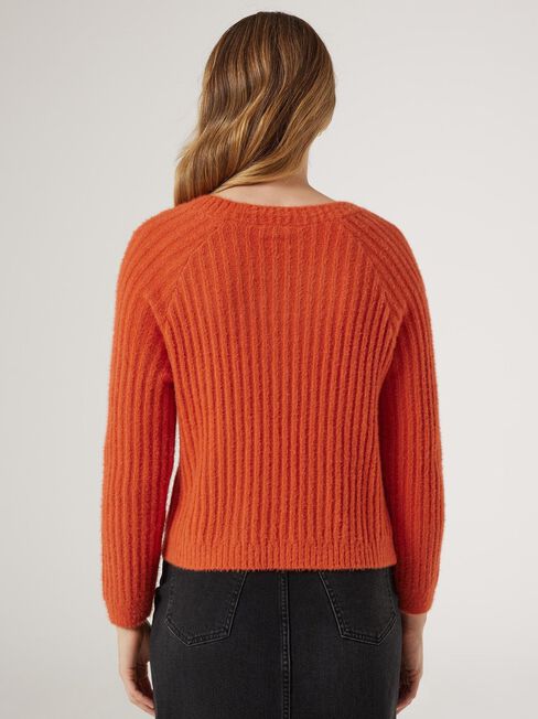 Faye Fluffy V-Neck Knit, Orange, hi-res