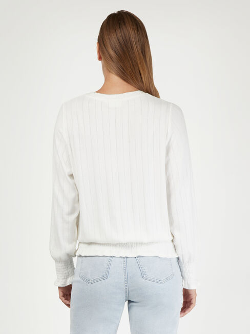 Jemma Jersey Shirred LS Top, White, hi-res