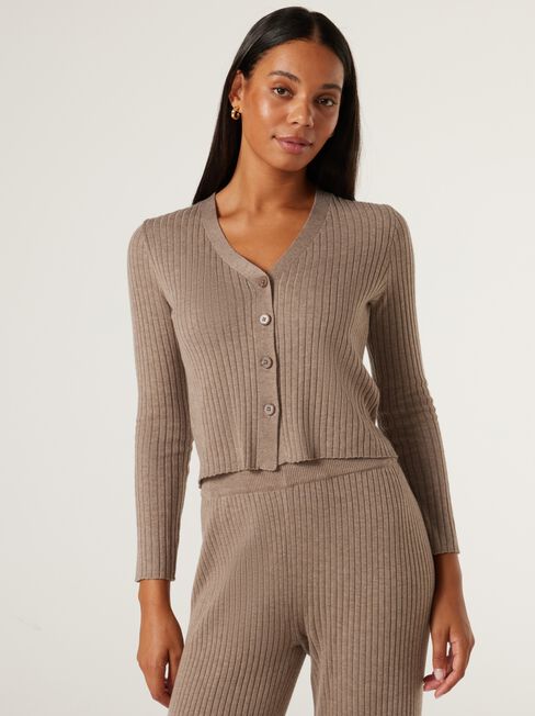 J-Luxe Chunky Ribbed Button Through, Taupe, hi-res
