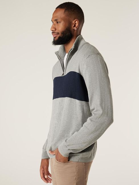 Noah Funnel Zip Neck Knit, Grey Marle/Ink Multi, hi-res