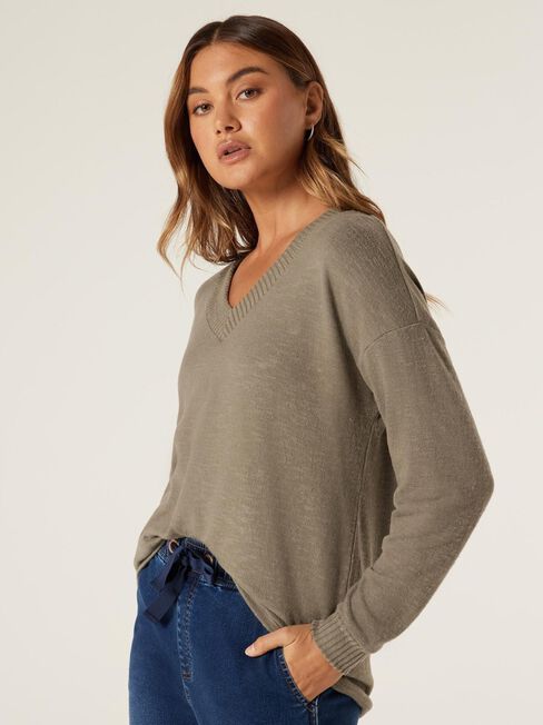Viv Soft Touch V-Neck Pullover, Khaki Marle, hi-res