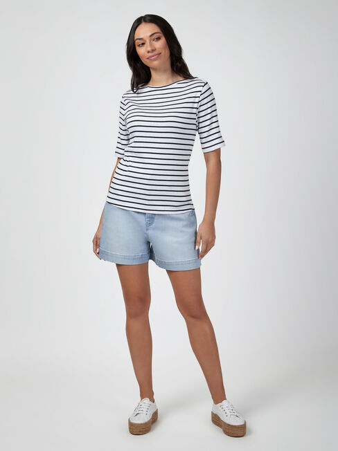 Rib Elbow Sleeve Boatneck Tee, Stripe, hi-res