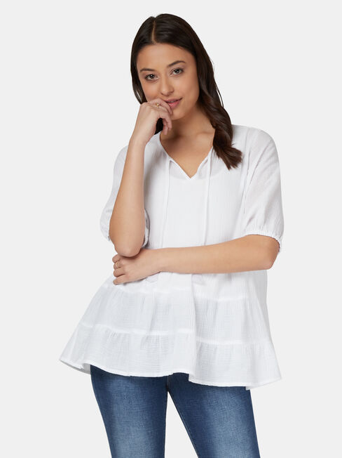 Cara Cheesecloth Tiered Top, White, hi-res