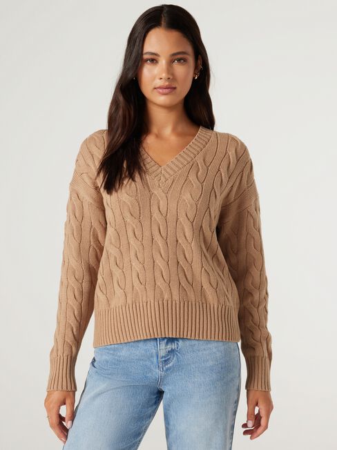 Daisy Cable V Neck Pullover, Camel, hi-res