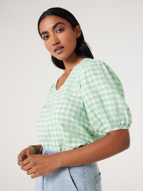 Maya V-Neck Top, Green Gingham, hi-res