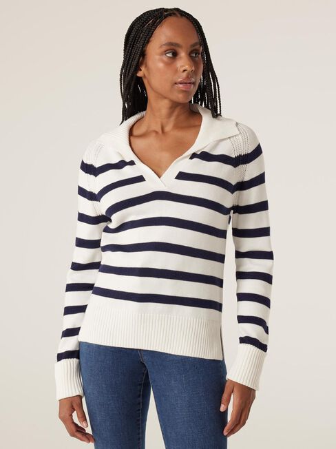 Amalia Collared Stripe Knit, White/French Navy Stripe, hi-res