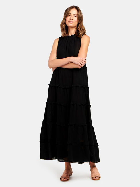 Sophie Sleeve Tiered Midi Dress, Black, hi-res