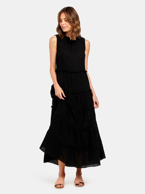 Sophie Sleeve Tiered Midi Dress, Black, hi-res