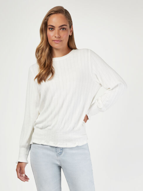 Jemma Jersey Shirred LS Top, White, hi-res