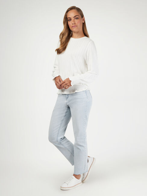 Jemma Jersey Shirred LS Top, White, hi-res