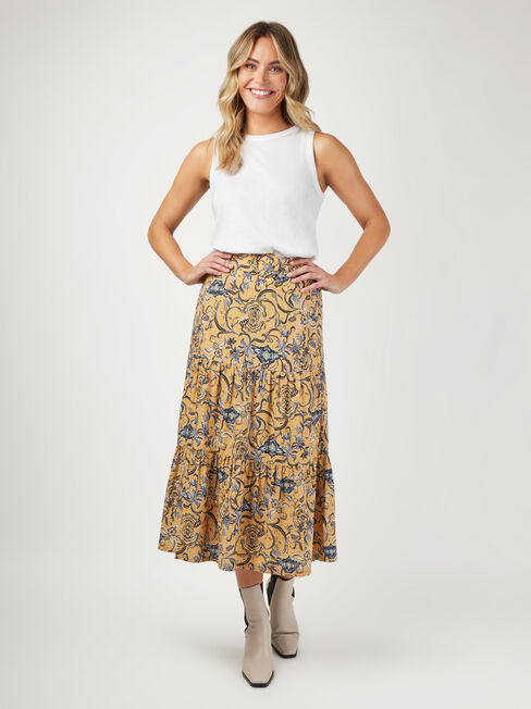 Sara Belted Tiered Skirt, Yellow, hi-res