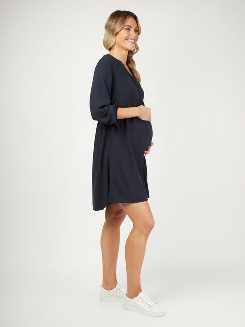 Amity Half Button Maternity Dress, Blue, hi-res