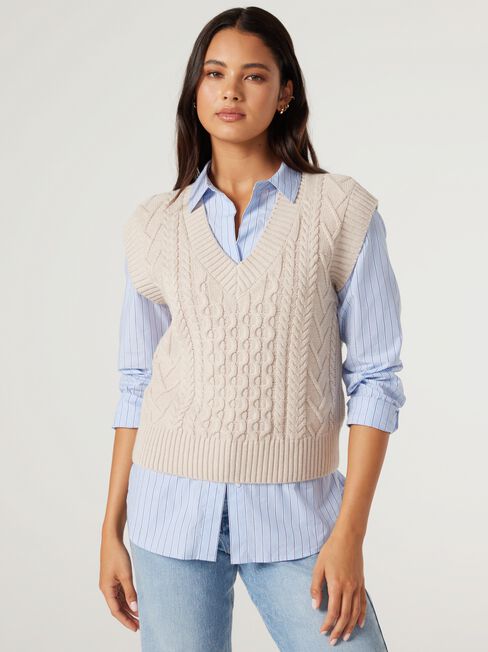 Isadora Cable Knit Vest, Oatmeal, hi-res