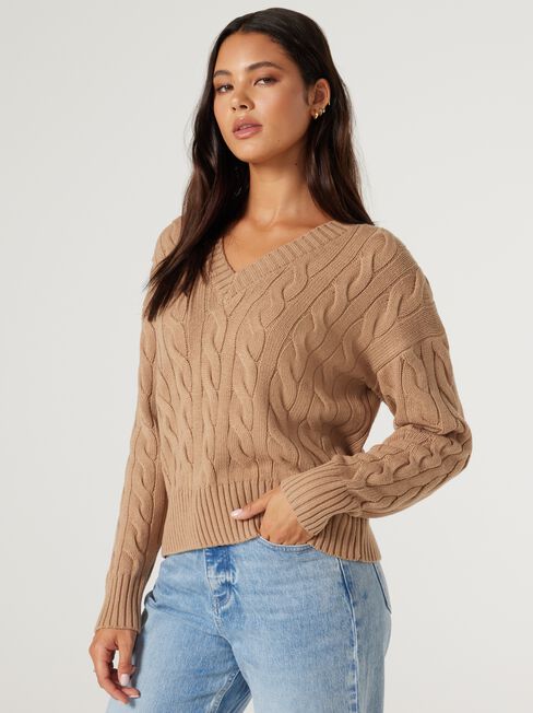 Daisy Cable V Neck Pullover, Camel, hi-res
